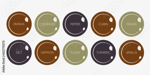 Spice organizer sticker set in different colors. Vector food labels for spices. Labels for marking. Stickers for spices on a dark background. Vector illustration