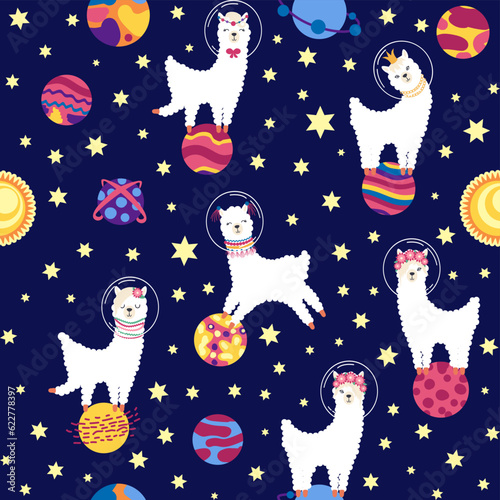 Seamless pattern with lama in a rocket, in space. Lama travels, adventures among the stars. Cute pattern with alpaca