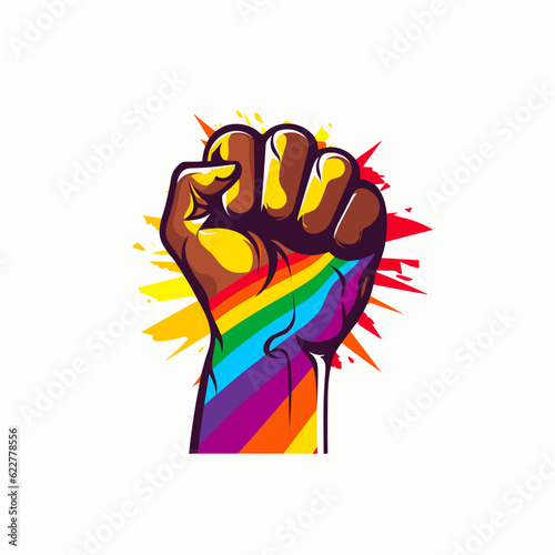 Fist in the air with rainbow colors.
