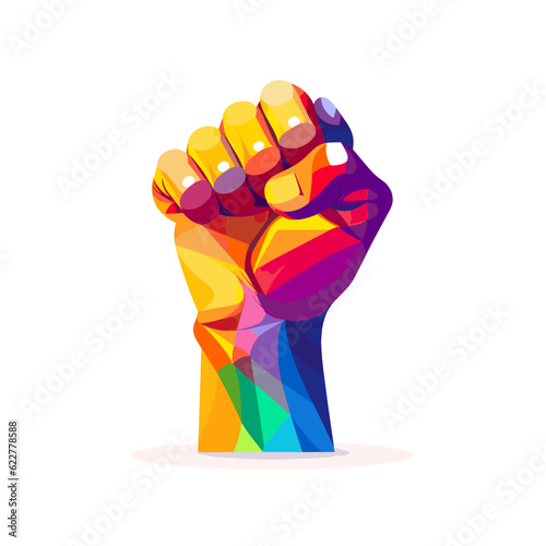 Fist in the air with rainbow colors.