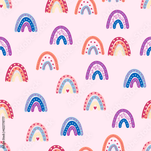 Seamless pattern graceful rainbows in boho colors. Scandinavian baby hand style for newborns.