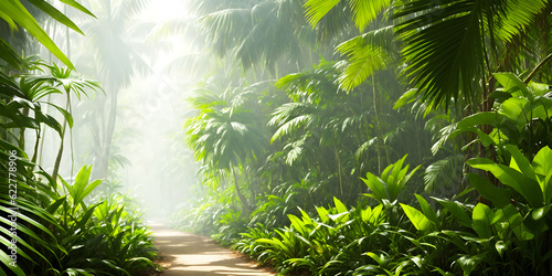 Beautiful wallpaper with a tropical landscape. Jungle with footpath  palms  trees and other wild evergreen plants. Tropical rainforest illustration. Generative AI