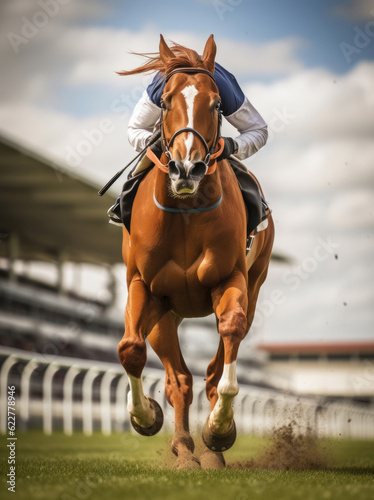 A racehorse runs at racecourse