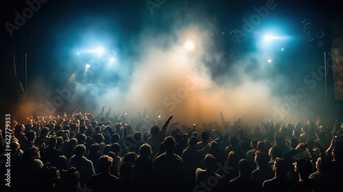 Silhouette of concert crowd in front of bright stage lights. Dark background, smoke and concert spotlights.