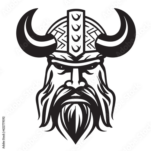 Head of a bearded viking with a formidable face in a helmet with horns isolated on a white background