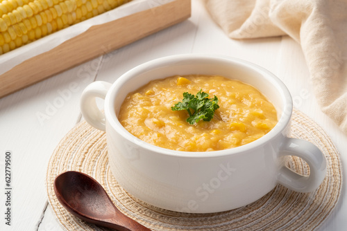 Creamy corn Pottage soup on white bowl,healthy food style