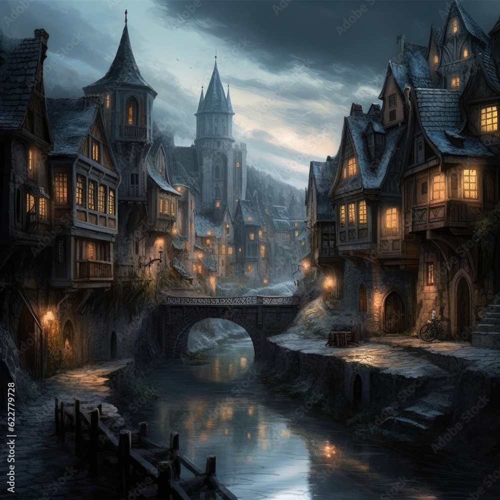 Medieval Fantasy Village Gothic Architecture steps. Generative AI Stock ...