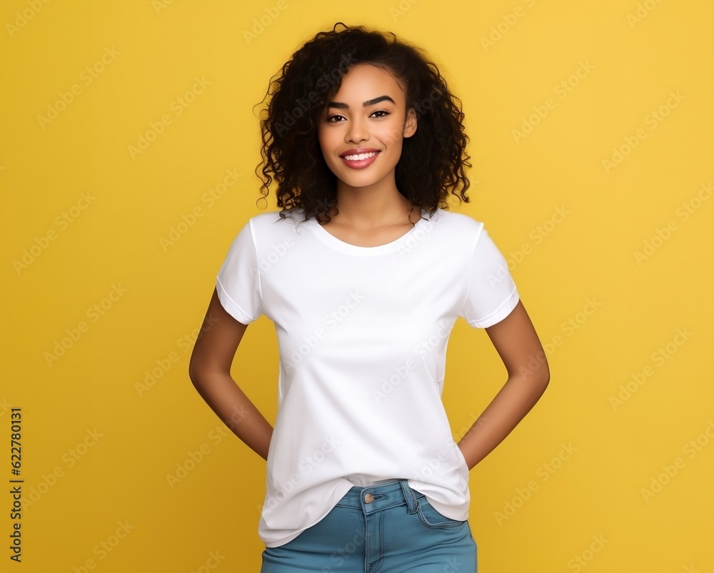 Young black woman wearing bella canvas white t-shirt mockup on yellow background. Tshirt template design, print presentation mock-up. AI generated.
Young black woman wearing bella canvas white t-shirt mockup on yellow background. Tshirt template design, print presentation mock-up. AI generated.
