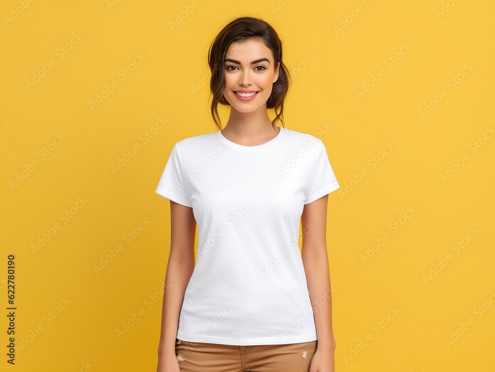 Young woman wearing bella canvas white t-shirt mockup on yellow background. Tshirt template design, print presentation mock-up. AI generated.
Young woman wearing bella canvas white t-shirt mockup on yellow background. Tshirt template design, print presentation mock-up. AI generated.