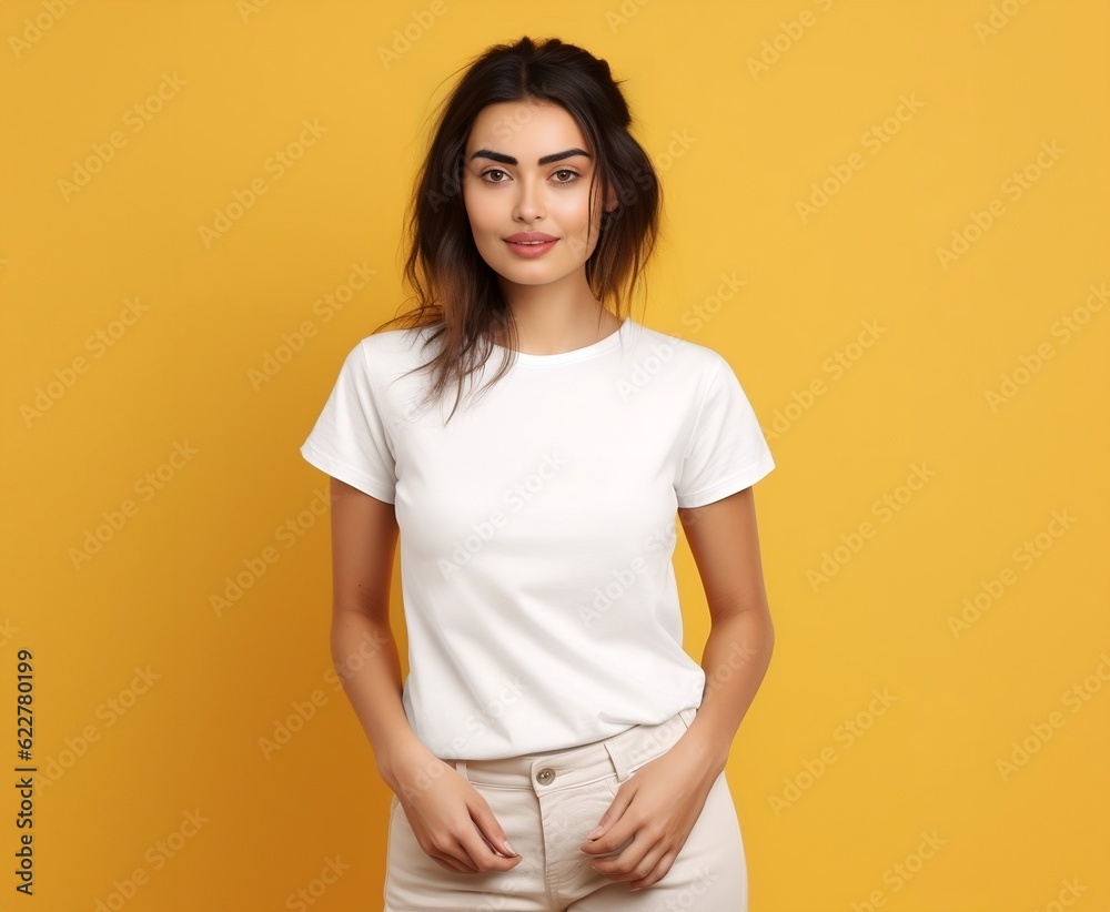 Fototapeta premium Young woman wearing bella canvas white t-shirt mockup on yellow background. Tshirt template design, print presentation mock-up. AI generated. 