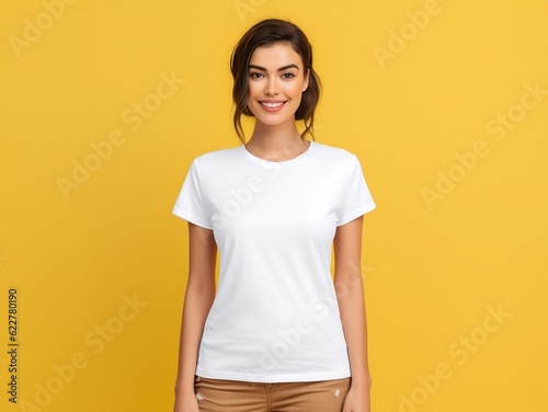 Young woman wearing bella canvas white t-shirt mockup on yellow background. Tshirt template design, print presentation mock-up. AI generated.
