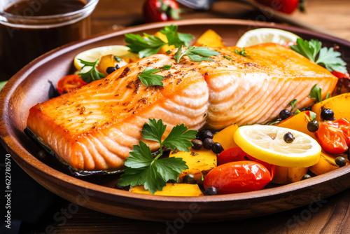 Delicious roasted salmon fillet with vegetables. Generative AI. 