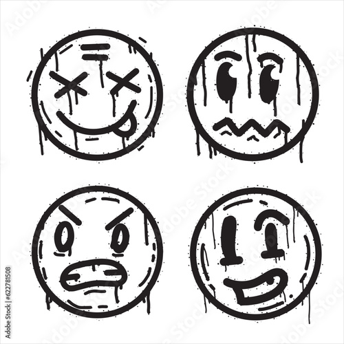 Graffiti grunge face. Cartoon aerosol fun expression. Spray funky paint art with leak and dot. Street art and urban vandalism symbol. Black grungy spill character isolated on white
