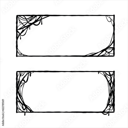 Halloween frame. Cobwebs and slimy threads border. Square Cartoon illustration isolated on white. Scary creepy silhouette. Dark spiderweb, hand drawn gossamer