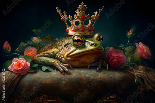 A frog with a crown and a rose on the pillow. Generative AI