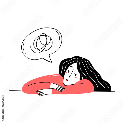 The girl is depressed. A sad girl with confused thoughts. The girl can't sort out her thoughts. Vector illustration in doodle style.