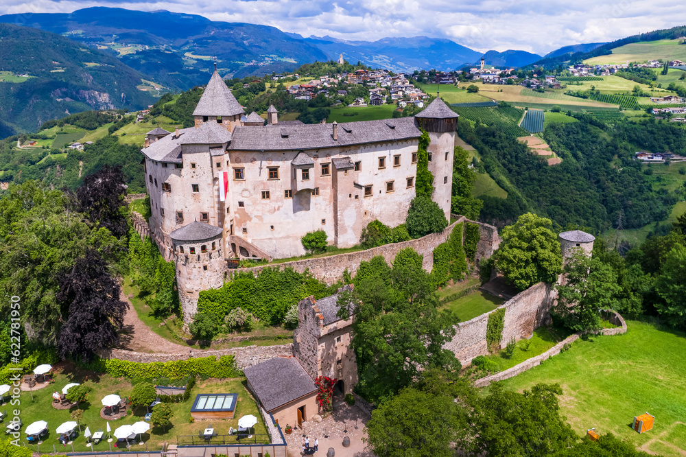 Beautiful medieval castles of northern Italy ,Alto Adige South Tyrol region. Presule castel, aerial drone high angle view