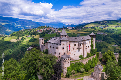 Beautiful medieval castles of northern Italy ,Alto Adige South Tyrol region. Presule castel,   aerial drone high angle view photo