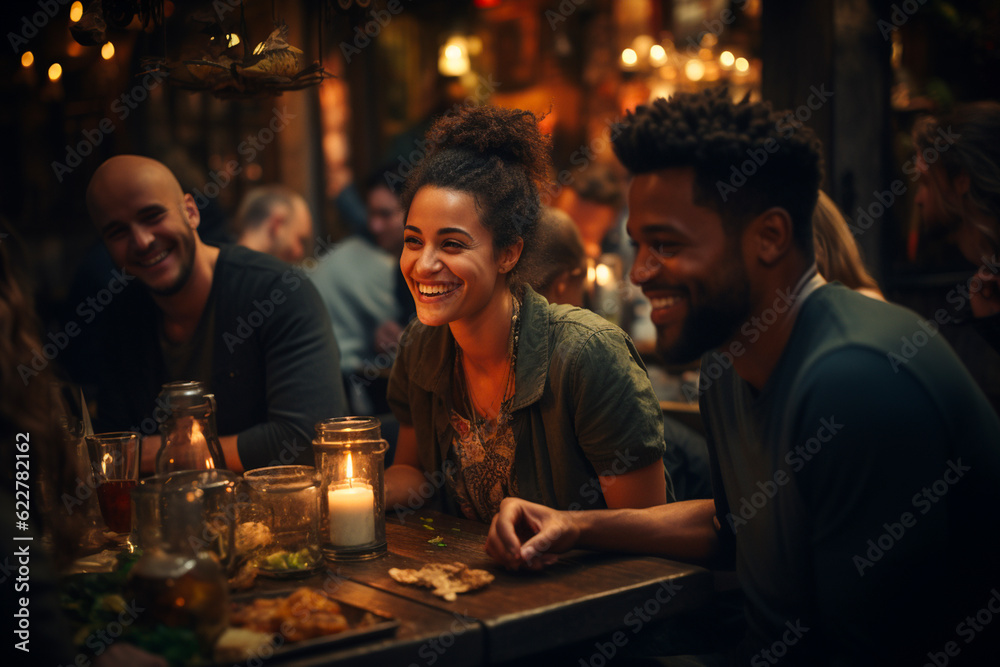 Multicultural group of people in restaurant having fun and smiling 