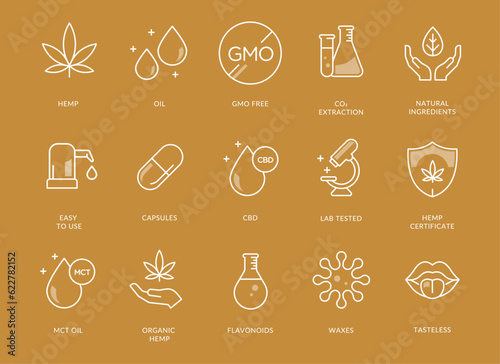 CBD oil vector icon set collection. CBD, hemp , oil, gmo free, co2 extraction, natural ingredients, easy to use, capsules, laboratory tested, hemp certificate, mct oil, organic hemp. Editable stroke.