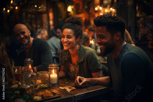 Multicultural group of people in restaurant having fun and smiling 
