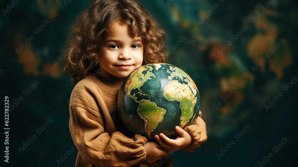 A young child girl hugging a planet earth model. World Children's Day or International Day of the Girl Child concept banner A young child girl hugging a planet earth model. World Children's Day or International Day of the Girl Child concept banner