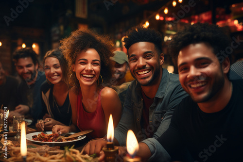 Multiethnic happy group of people having fun at restaurant during dinner  focus on African American man