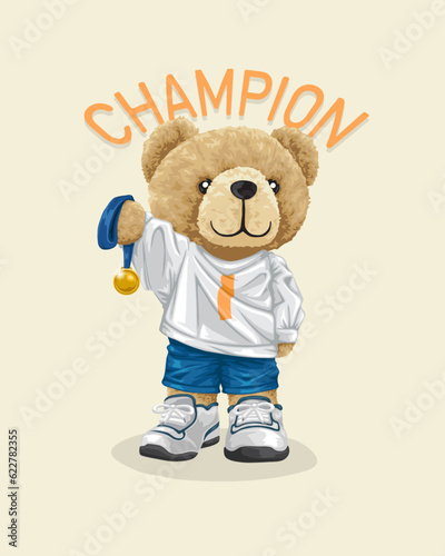 Vector illustration of hand drawn teddy bear holding gold medal