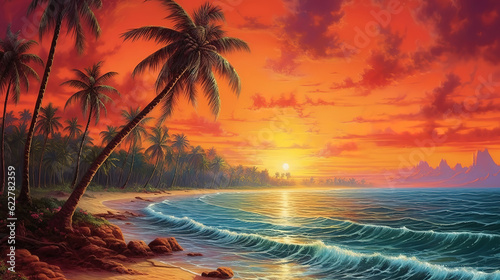 Tropischen Palmenstrand mit Sonnenuntergang. Generative ai