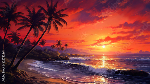 Palm trees silhouette with orange sunset, ocean and rocks. Generative ai © MdMaruf