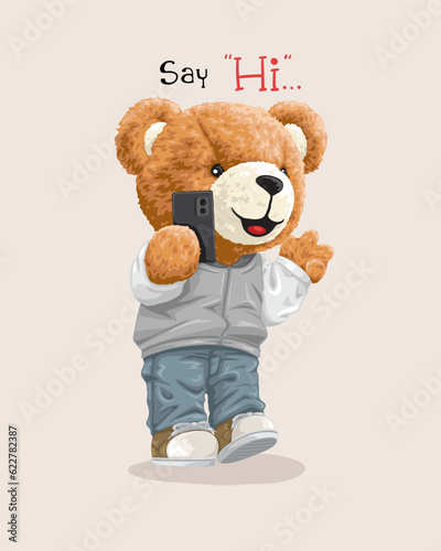 Vector illustration of hand drawn teddy bear holding cellphone
