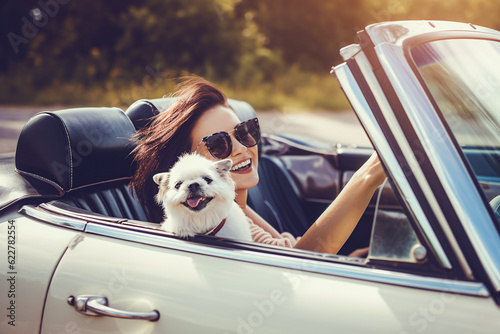 Happy young woman in sunglasses sitting in cabriolet car with her dog. selective focus. © Slava