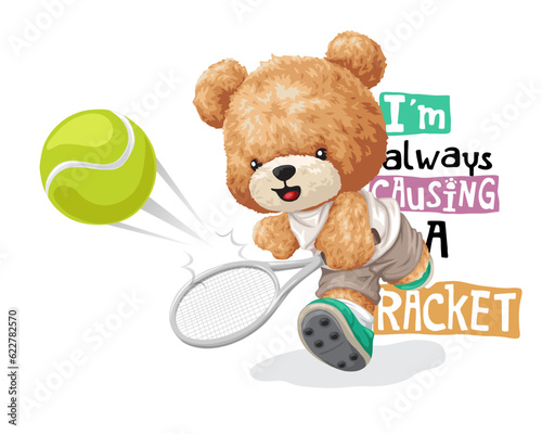 Vector illustration of hand drawn teddy bear playing tennis court