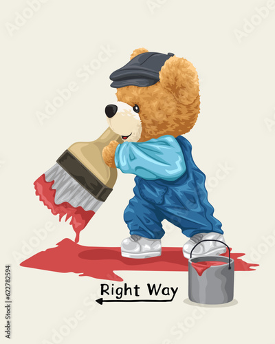 Vector illustration of hand drawn teddy bear painting a direction arrow on ground with big brush