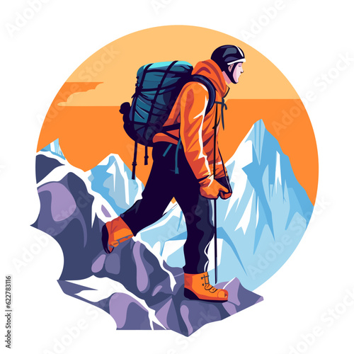 Rock climbing. A male mountaineer climbs a challenging mountain trail. Cartoon vector illustration. 