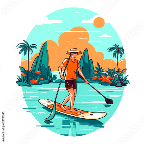 Stand up paddle board man paddleboarding. Summer holidays vacation travel. Cartoon vector illustration.