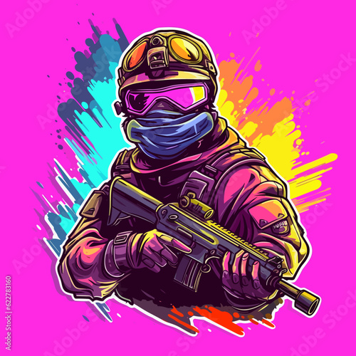 Paintball player Soldier with weapons at war. Splashes of color from gunshots in the background. Cartoon vector illustration.