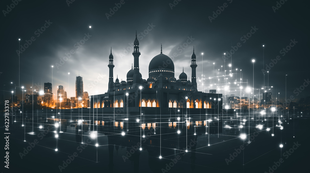 Silhouette of mosque with glowing lights on background