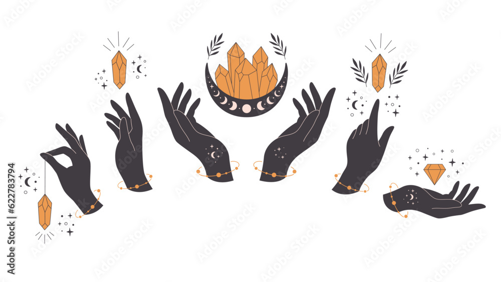 Hands with crystal. Mystical, esoteric, magic, spiritual or healing crystal. Vector illustration in flat style