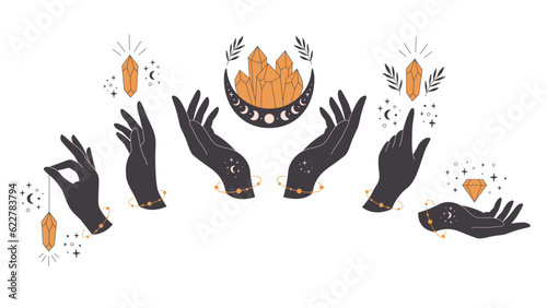 Hands with crystal. Mystical, esoteric, magic, spiritual or healing crystal. Vector illustration in flat style