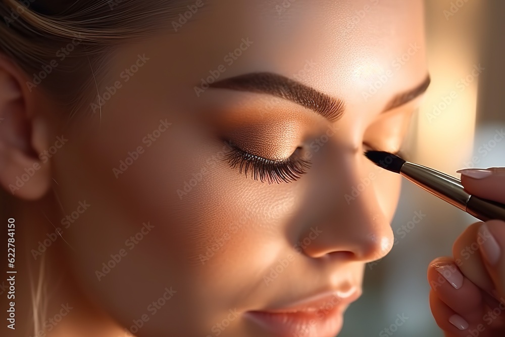 Process of making makeup. Make-up artist working with brush on model face.