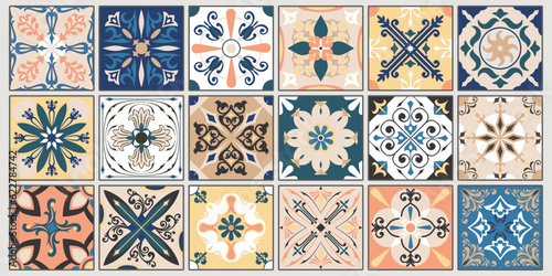 Collection of 18 ceramic tiles in turkish style. Seamless colorful patchwork from Azulejo tiles. Portuguese and Spain decor. Islam, Arabic, Indian, Ottoman motif. Vector Hand drawn background
