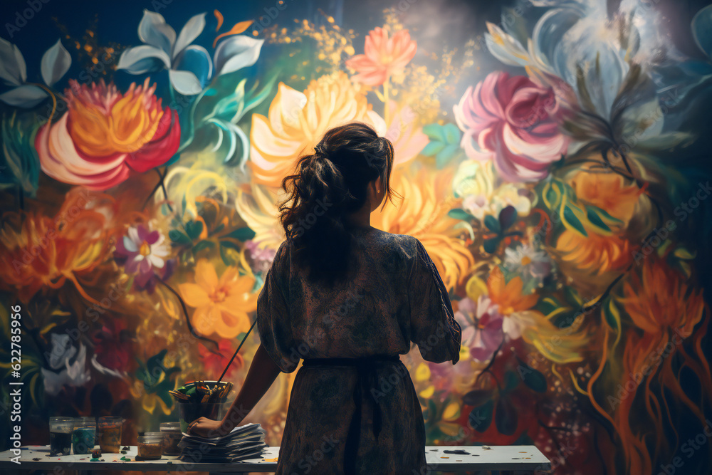 A female artist painting flowers on a wall. Generative AI