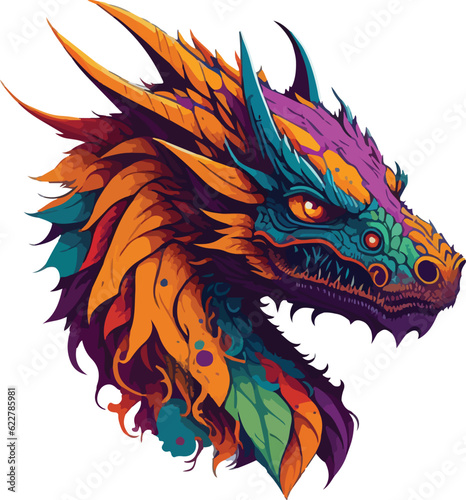 Colorful dragon face vibrant bold vivid colors t-shirt design vector illustrations. Prismatic dragon persona