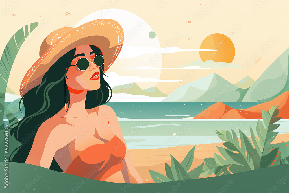 illustration A woman in a hat and glasses resting by the sea during the summer time. Generative AI