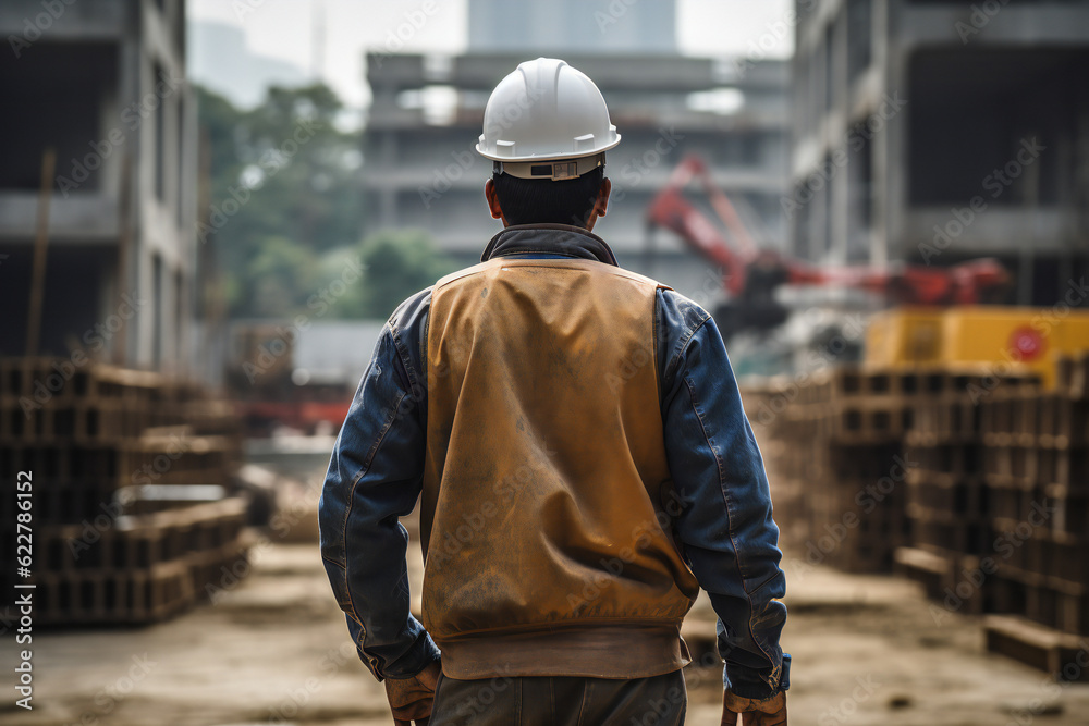 A male construction worker on a construction site. Generative AI A male construction worker on a construction site. Generative AI