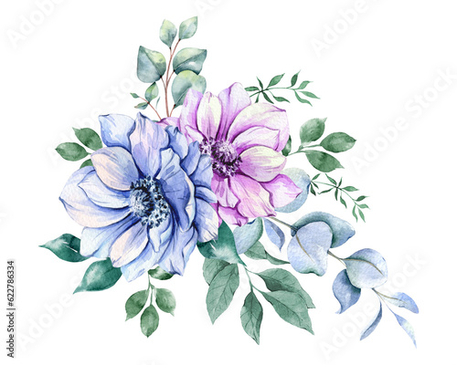 Anemone Flowers Watercolor Illustration. Blue, Pink and Purple Anemones Hand Painted isolated on white background. Perfect for wedding invitations, bridal shower and floral greeting cards