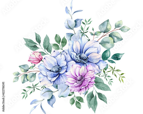 Anemone Flowers Watercolor Illustration. Blue  Pink and Purple Anemones Hand Painted isolated on white background.  Perfect for wedding invitations  bridal shower and  floral greeting cards