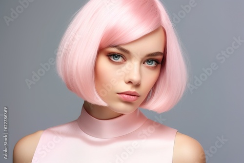 Portrait of woman with pink colored hair. Professional hair coloring.