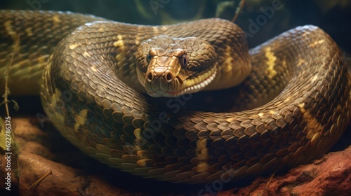 A close-up of a coiling snake